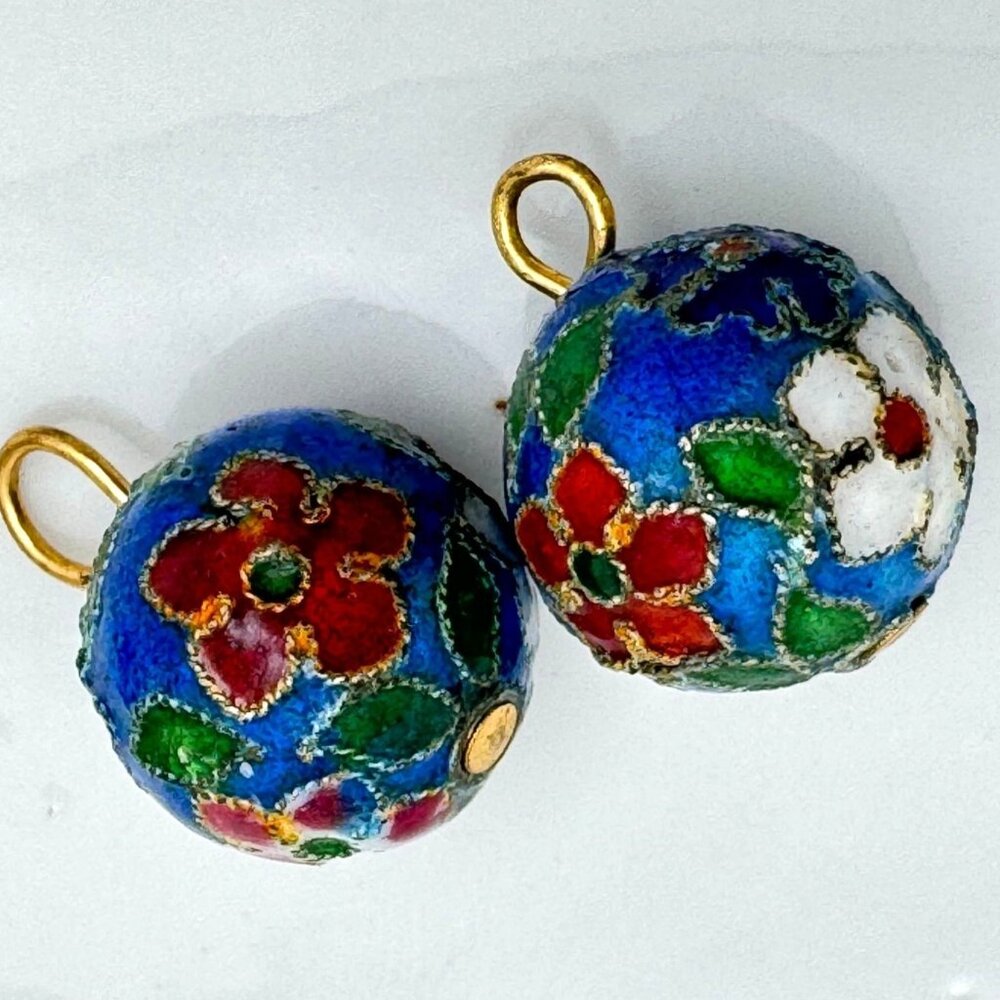 Cloisonne 2 Blue Color Beads 12 MM Red White Green Flowers Beads